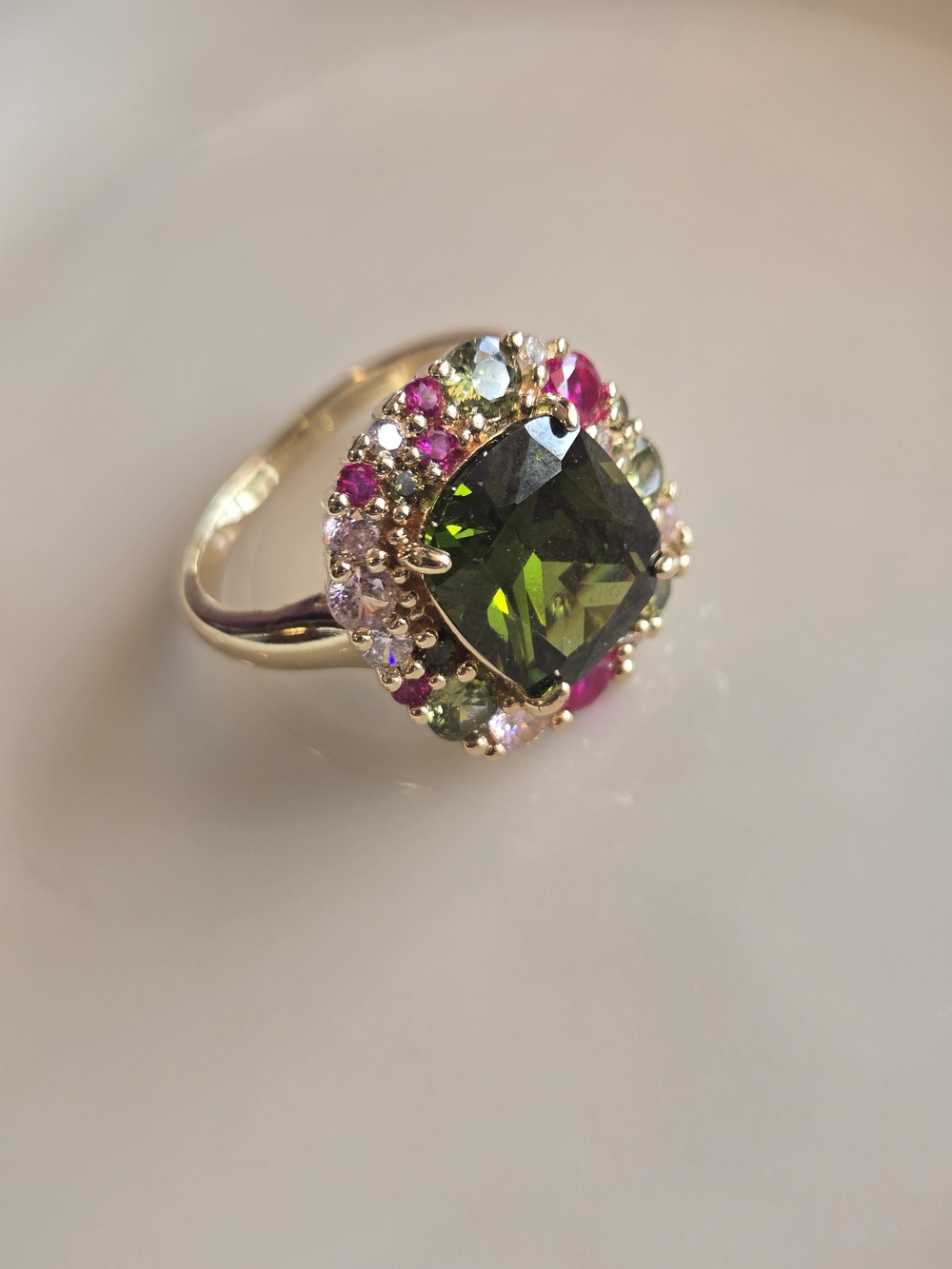 Green Multi-Gem Halo Ring Gold Tone Size 8
